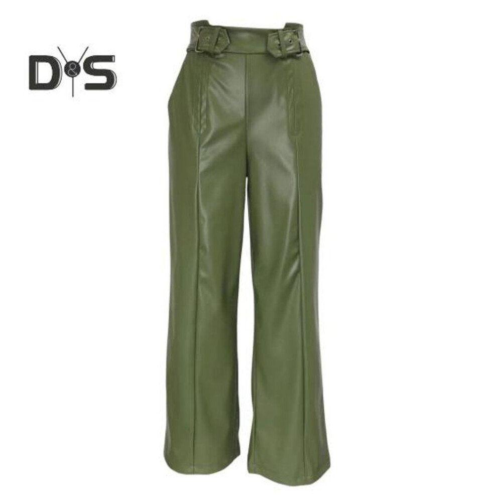 (army green, XL) Women Flared Pants Slim High Waist Loose Pockets Faux Leather Elastic Waist Wide Leg Streetwear Solid Color Trousers For Work Leisure Daily Wear