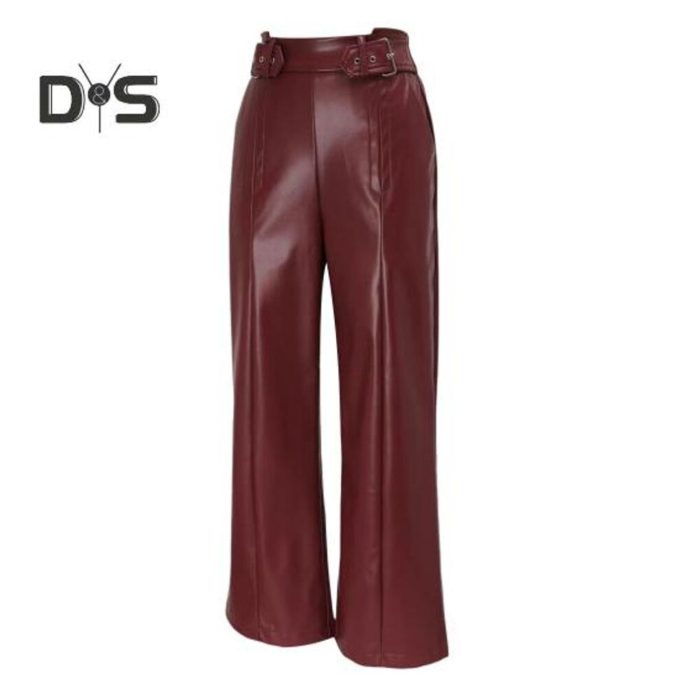 (wine red, M) Women Flared Pants Slim High Waist Loose Pockets Faux Leather Elastic Waist Wide Leg Streetwear Solid Color Trousers for Work Leisure Daily Wear