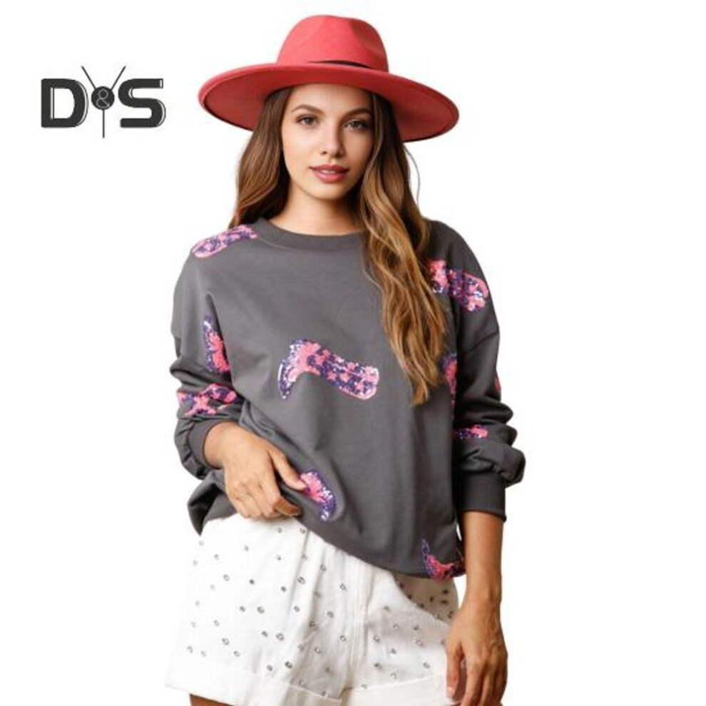 (L, grey) Women Top Sequin Boots Pattern Long Sleeves Elastic Cuffs Loose O Neck Sweatshirt Mid Length Casual Daily Wear Valentine Day Top