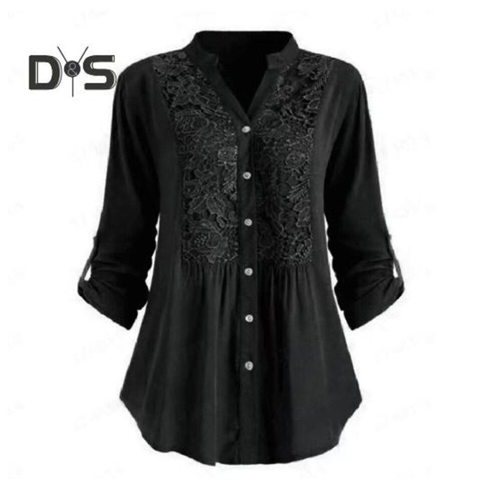 (XL, black) Women Shirt With Cufflink V Neck Button-down Mid Length Lace Loose Plus Size Blouse Floral Embroidery Long Sleeve Top For Commuting Dating And Dail