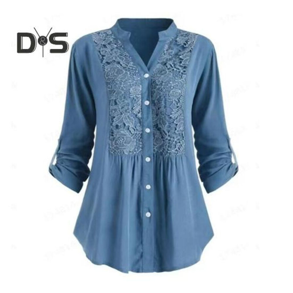 (L, blue) Women Shirt with Cufflink V Neck Button-down Mid Length Lace Loose Plus Size Blouse Floral Embroidery Long Sleeve Top for Commuting Dating And Dail