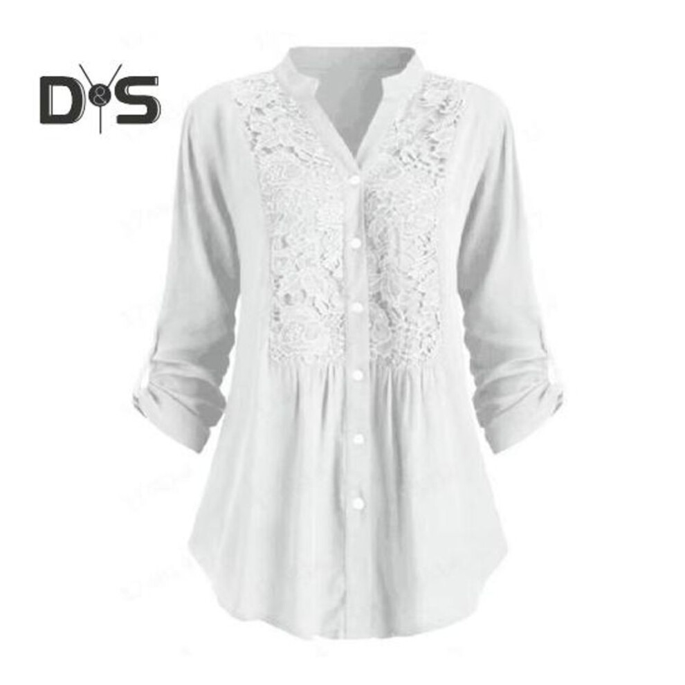 (XL, white) Women Shirt With Cufflink V Neck Button-down Mid Length Lace Loose Plus Size Blouse Floral Embroidery Long Sleeve Top For Commuting Dating And Dail