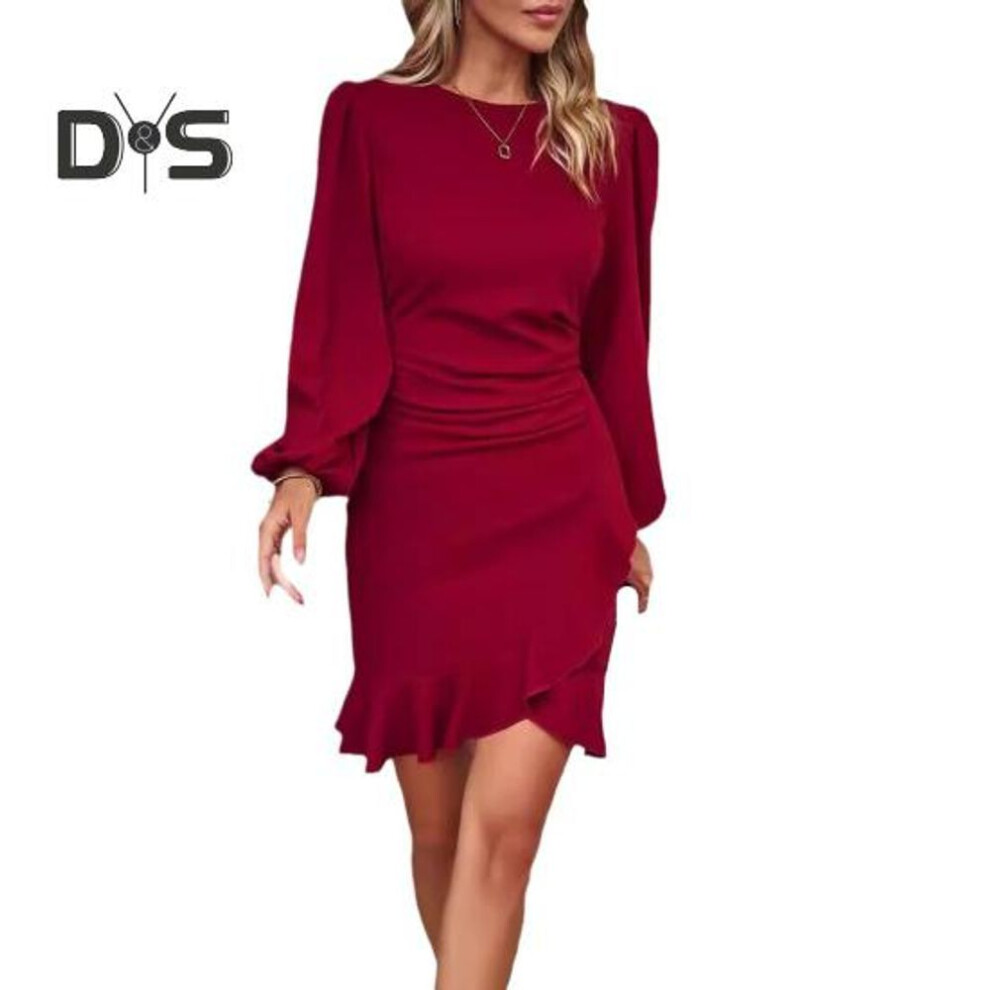 (wine red, M) Lady Dress Puff Sleeve Irregular Hem Slim Fit Irregular Ruffle Patchwork Hem Round Neck Pleated Mini Dress Office Party Prom Dress