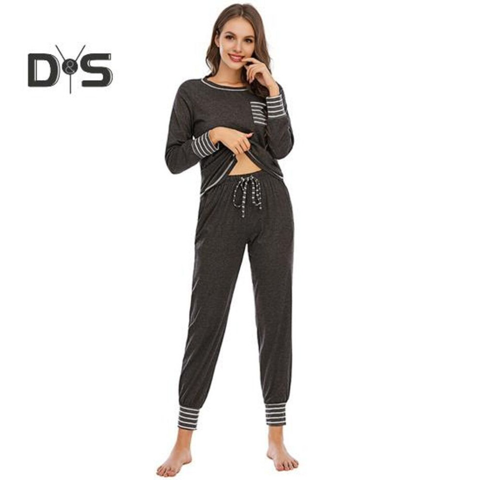 (S, dark blue) 2 Pcs/Set Spring Women Top Pants Suit Long Sleeves Round Neck Top Elastic Waist Loose Pants Outfit Homewear Clothes Pajamas Set Nightie Set