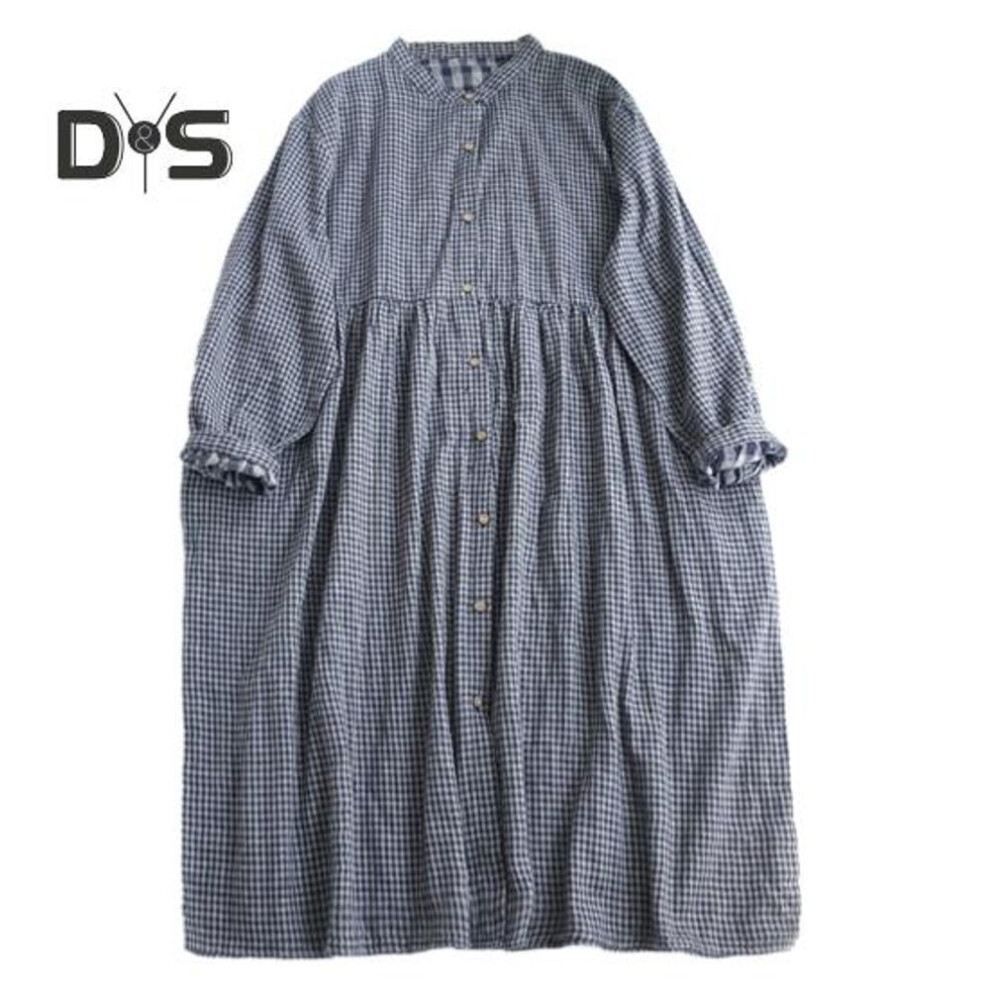 (navy blue) Women Dress V Neck Plaid Print Long Sleeve Single breasted Double layered A line Loose Hem Pleated Shirring Cuff Spring Fall Midi Dress