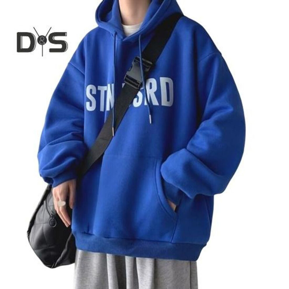 (blue, XL) Men Fall Winter Hoodie Solid Color Plus Size Letter Printing Drawstring Long Sleeves Big Pocket Hooded Loose Daily Wear Casual Sport Top