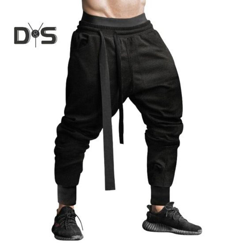 (black, L) Spring Fall Men Harem Pants Loose Drawstring Elastic Waist Pockets Ankle-banded Solid Color Sport Trousers Daily Wear Sweatpants
