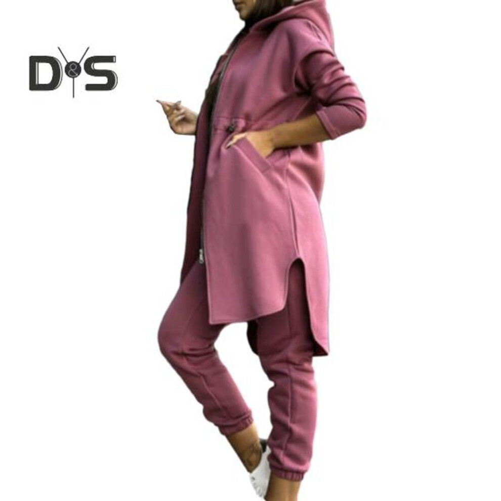(pink, L) 2 Pcs/Set Women Coat Pants Set Hooded Irregular Split Hem Zipper Closure Long Sleeve Loose Fleece Solid Color Elastic Waist Ankle-banded Trousers
