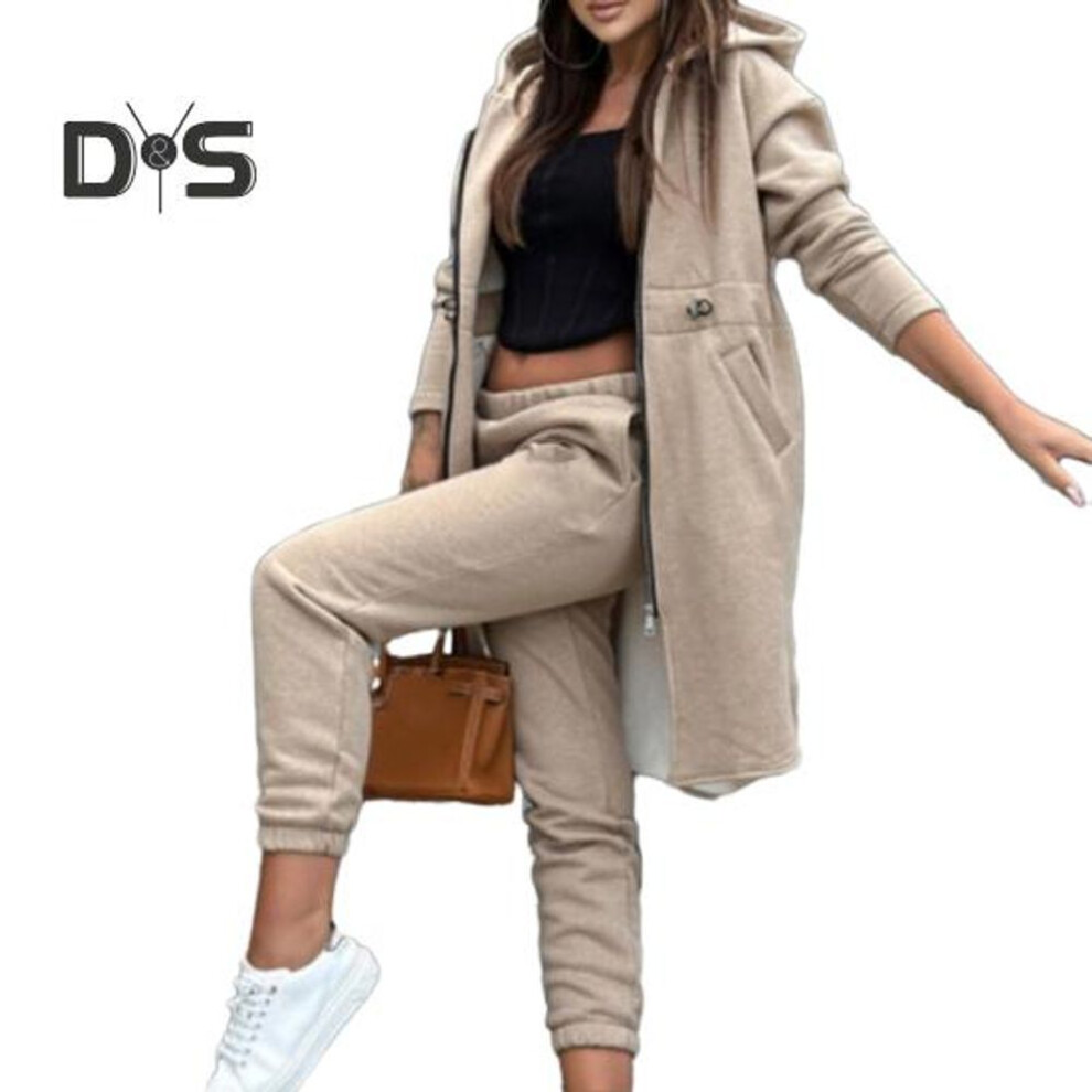 (khaki, L) 2 Pcs/Set Women Coat Pants Set Hooded Irregular Split Hem Zipper Closure Long Sleeve Loose Fleece Solid Color Elastic Waist Ankle-banded Trousers