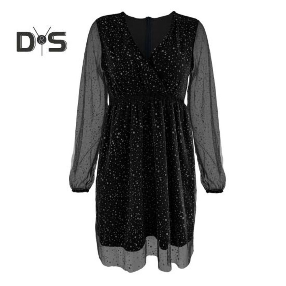 (black, L) Women Spring Fall Dress Deep V Neck Long Mesh Sleeve Shiny Sequin Lantern Sleeve Double Layered Tight Waist Prom Cocktail Party Mini Dress