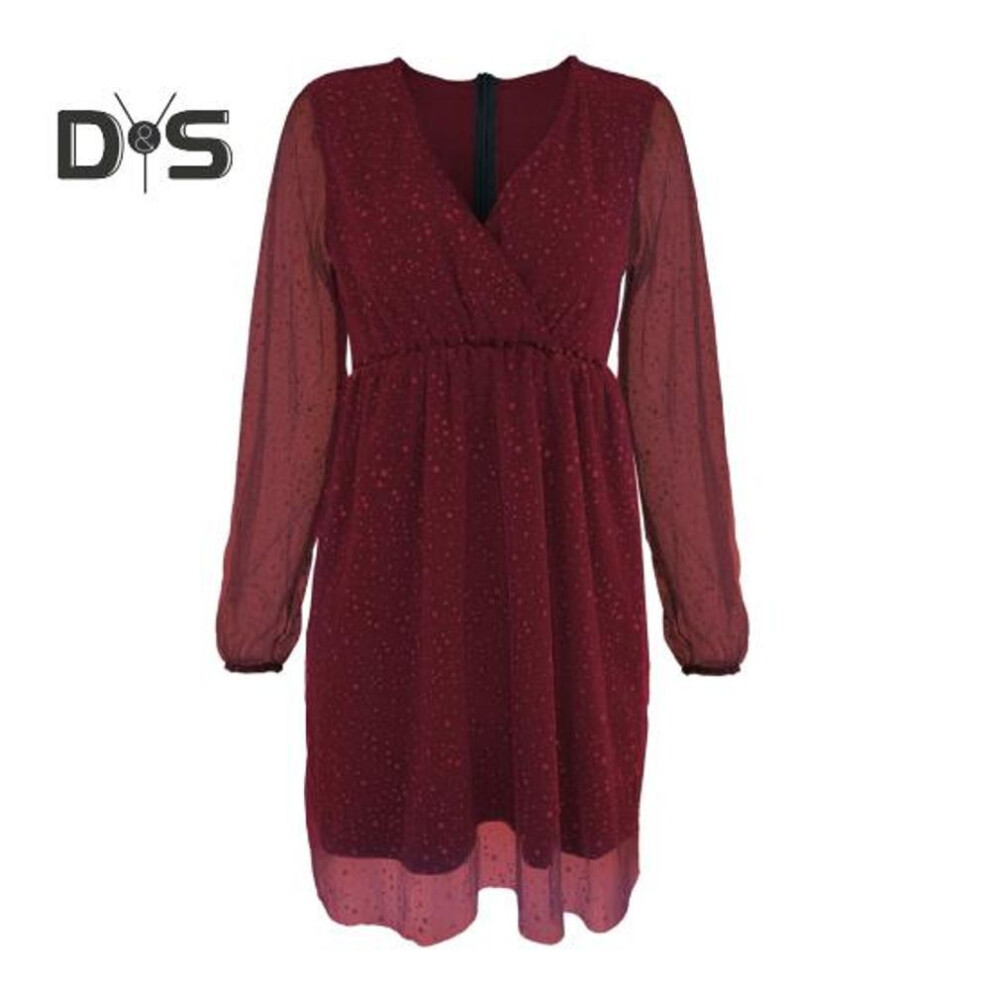 (wine red, M) Women Spring Fall Dress Deep V Neck Long Mesh Sleeve Shiny Sequin Lantern Sleeve Double layered Tight Waist Prom Cocktail Party Mini Dress