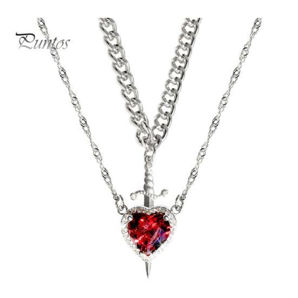 (silver) Women Necklace Double-layered With Blade And Heart Pendant Red Rhinestone Decor Stainless Steel Valentines Day Anniversary Gift Neck Jewelry