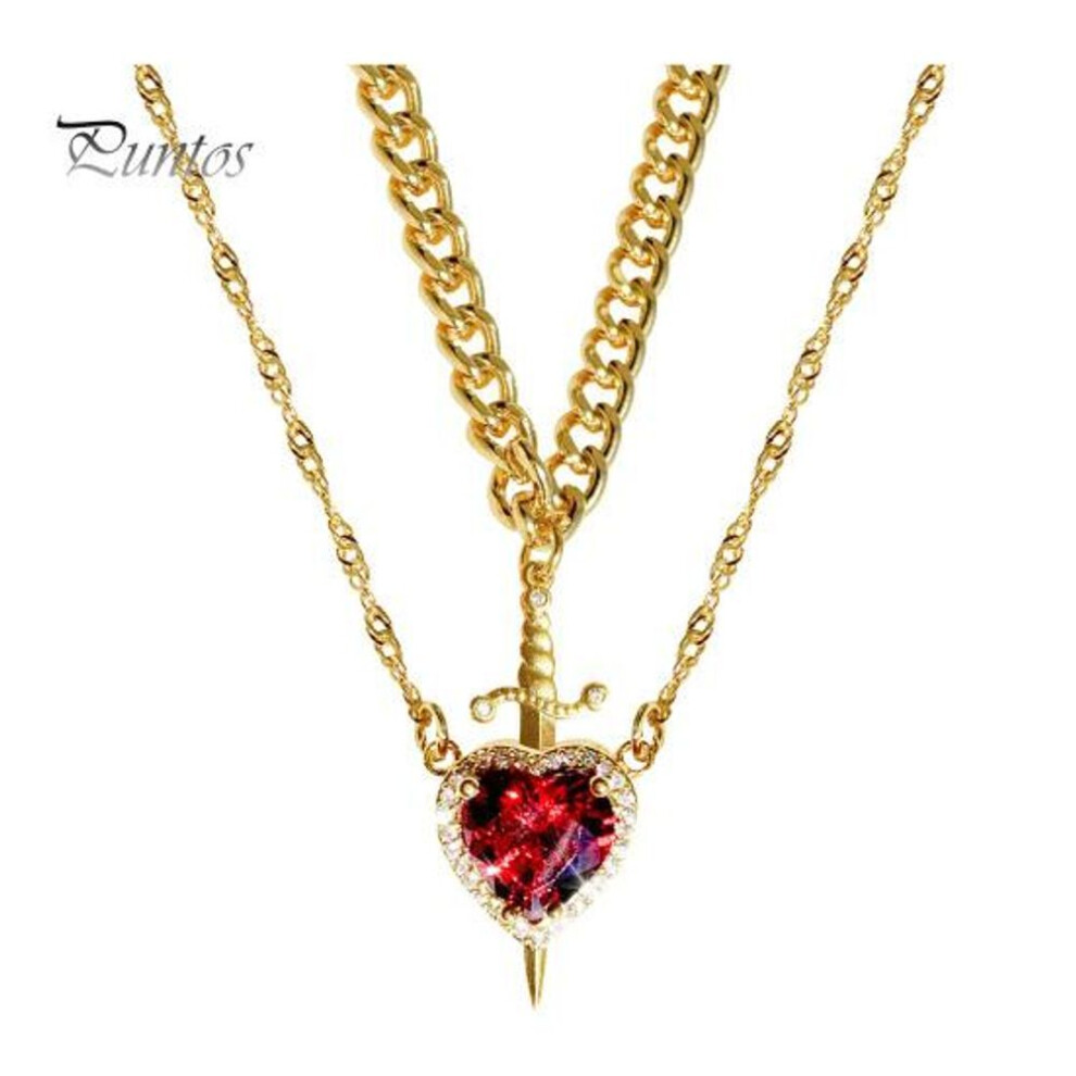 (golden) Women Necklace Double-layered with Blade And Heart Pendant Red Rhinestone Decor Stainless Steel Valentines Day Anniversary Gift Neck Jewelry