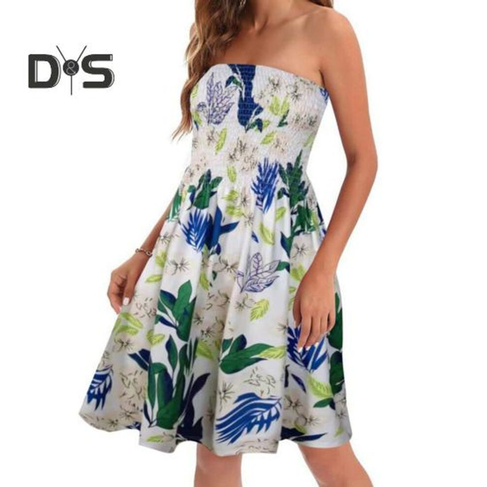 (white, XL) Women Summer Dress Off Shoulder Bandeau Sleeveless Backless Bohemian Floral Printed A Line Elastic Bust Knee Length Vacation Beach Dress