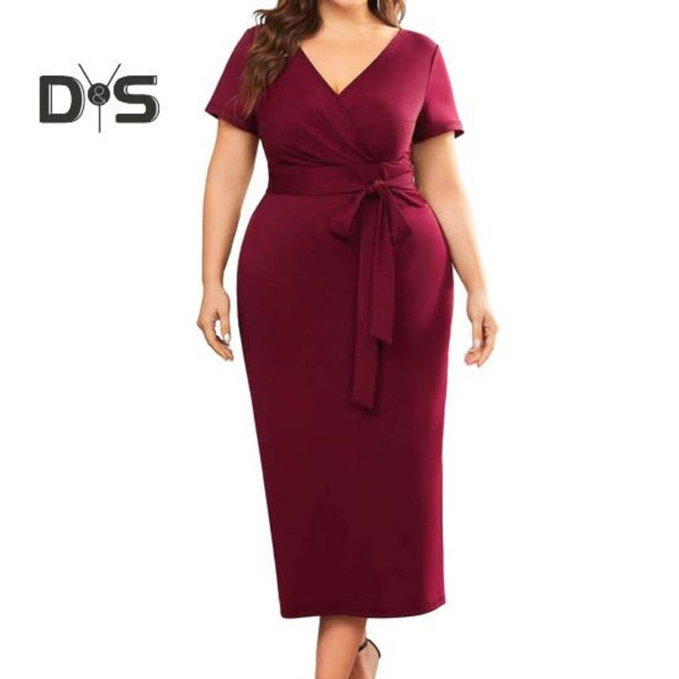 (wine red, 3XL) Women Dress V Neck Plus Size Short Sleeve Belted Tight Waist Solid Color Sheath Slim Fit Mid Calf Length Soft Evening Dress Formal Midi Dress
