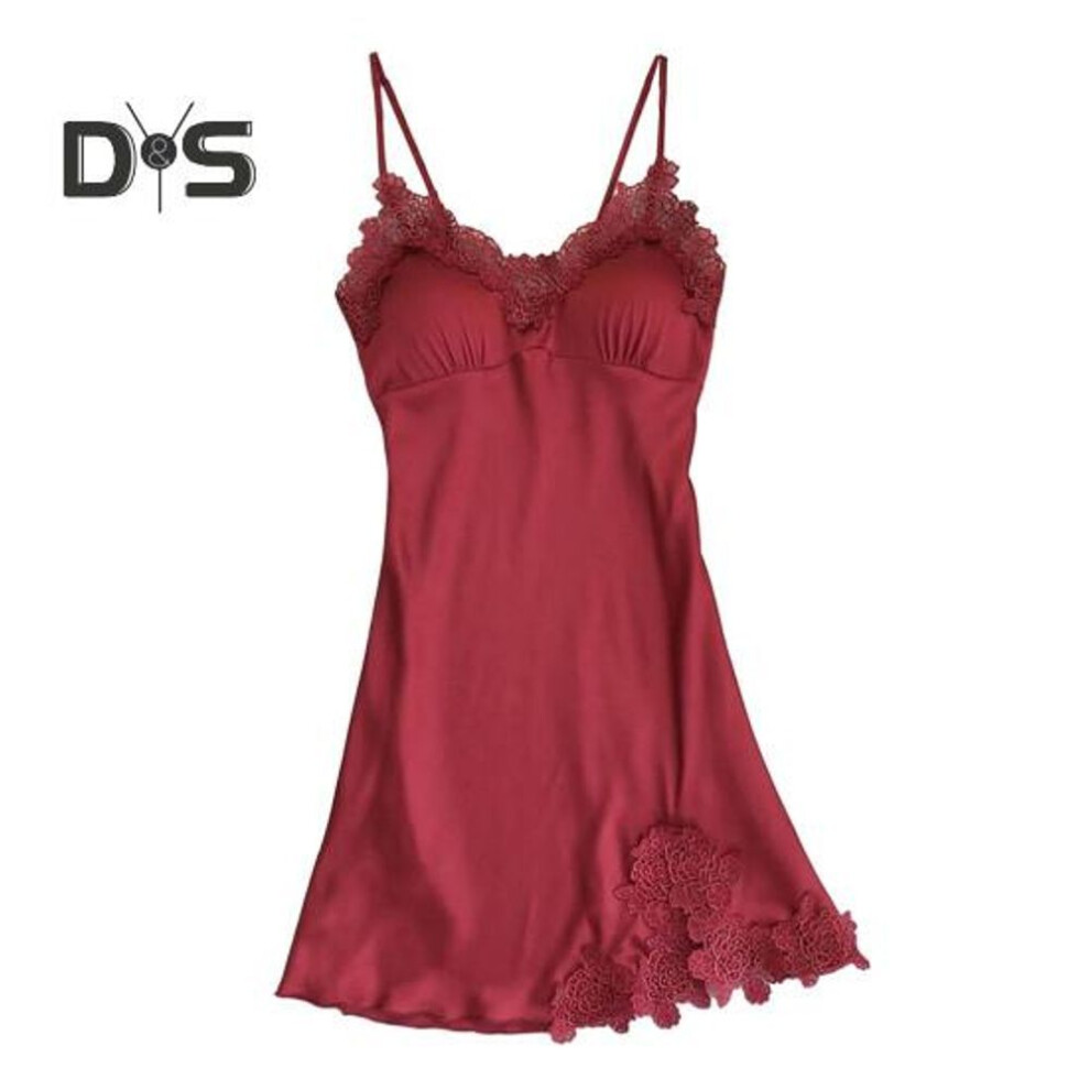(red, L) Women Sexy Nightdress V Neck Backless Sleeveless Lace Patchwork Detachable Pads Satin Solid Color Soft Above Knee Length Lady Sleepwear Dress