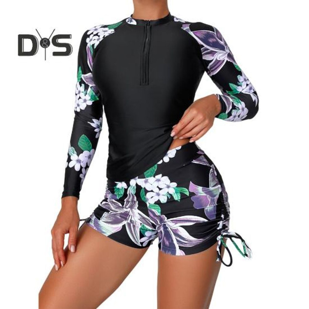 (L, black white) 2 Pcs/set Women Swimsuit Beach Top Shorts Set Round Neck Zipper Closure Conservative Skinny Quick Dry Soft Floral Print Lady Bathing Suit Surfing