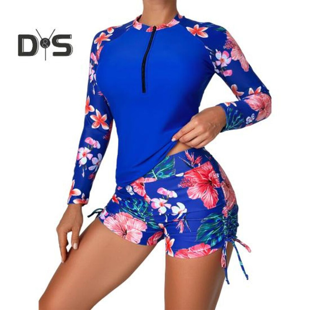 (M, blue) 2 Pcs/Set Women Swimsuit Beach Top Shorts Set Round Neck Zipper Closure Conservative Skinny Quick Dry Soft Floral Print Lady Bathing Suit Su-image-OPC-PH62KBT-NEW
