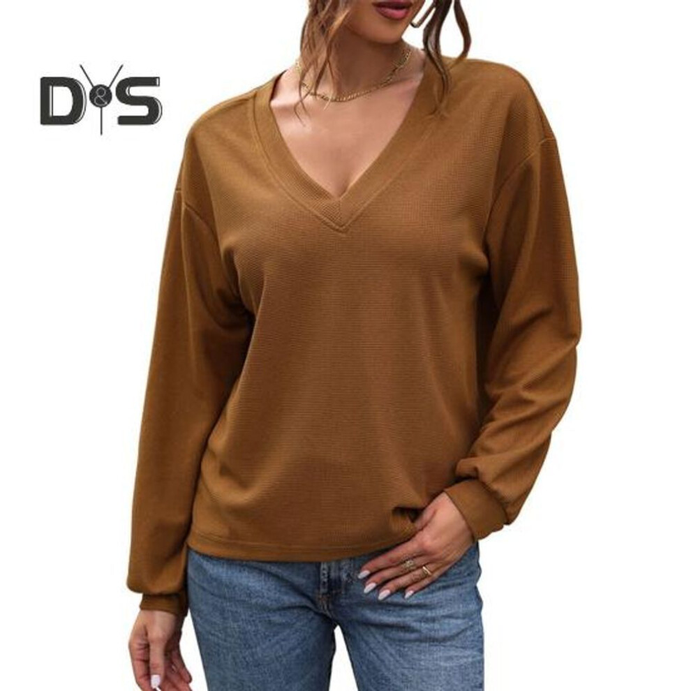 (M, brown) Women T-shirt V-neck Long Sleeve Solid Color Loose Fit Tee Shirt Soft Stretchy Pullover Tops Daily Wear
