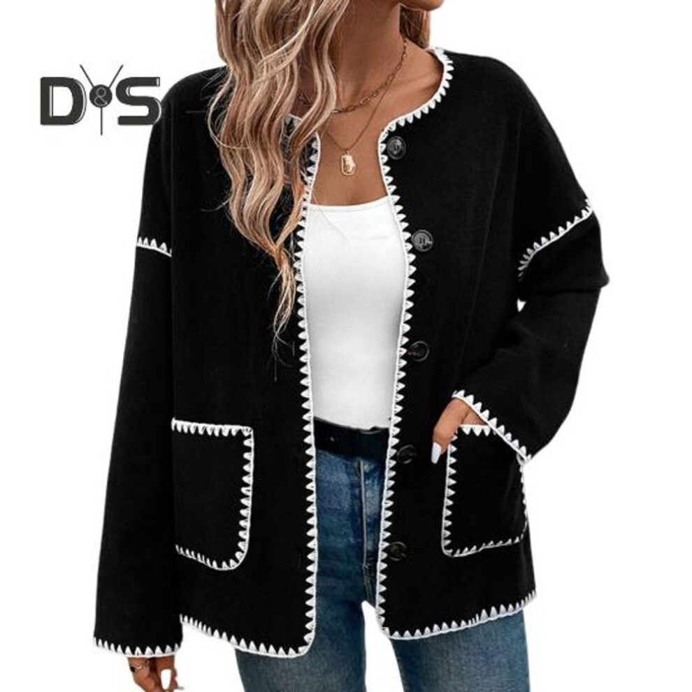 (M, black) Fall Spring Women Coat Zigzag Edge Single-breasted Buttons Loose Color Matching Cardigan Long Sleeves Dating Commuting Jacket