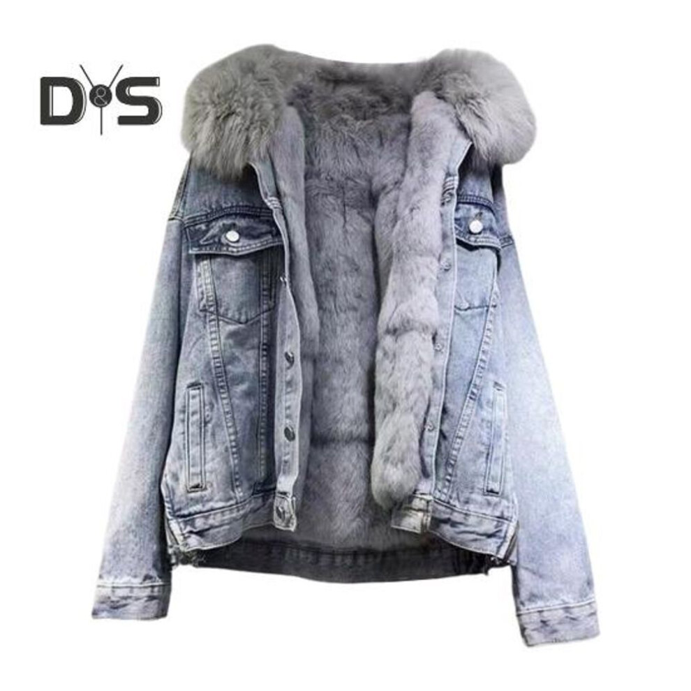(blue, M) Winter Women Jacket with Furry Hood Thickened Plush Long Sleeves Pockets Button Closure Flap Pockets Coat Short Type Windproof Warm Denim Coat