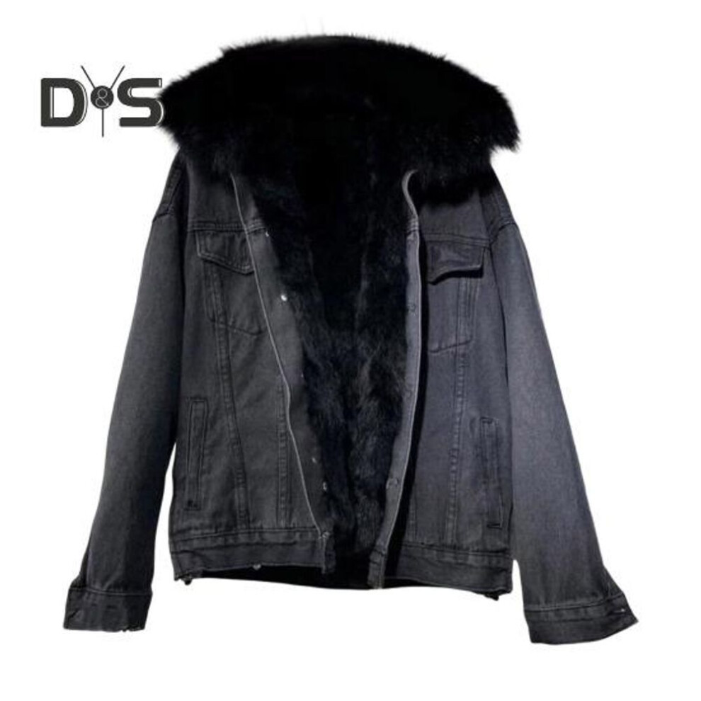 (black, M) Winter Women Jacket With Furry Hood Thickened Plush Long Sleeves Pockets Button Closure Flap Pockets Coat Short Type Windproof Warm Denim Coat