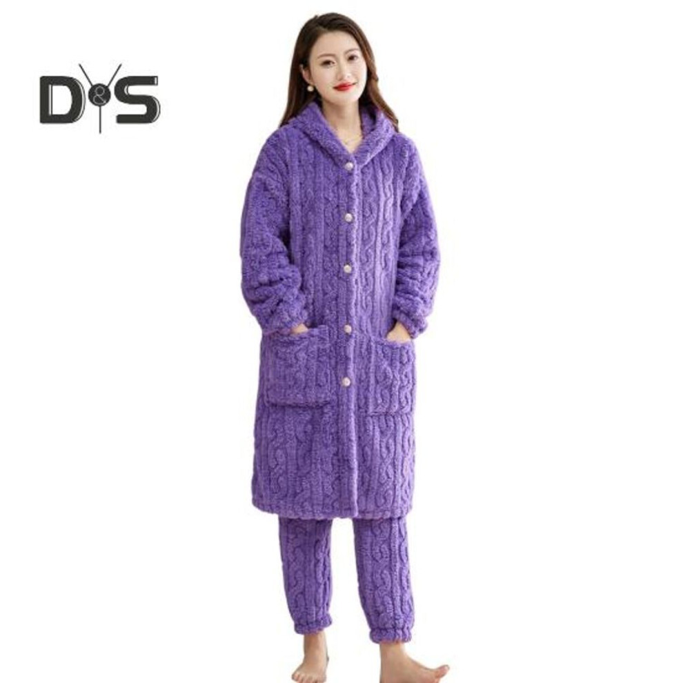 (M, purple) 2 Pcs/Set Women Winter Bathrobe Pants Set Thick Fleece Keep Warm Hooded Single-breasted Robe with Pockets Loose Homewear Trousers Sleepwear Pajamas