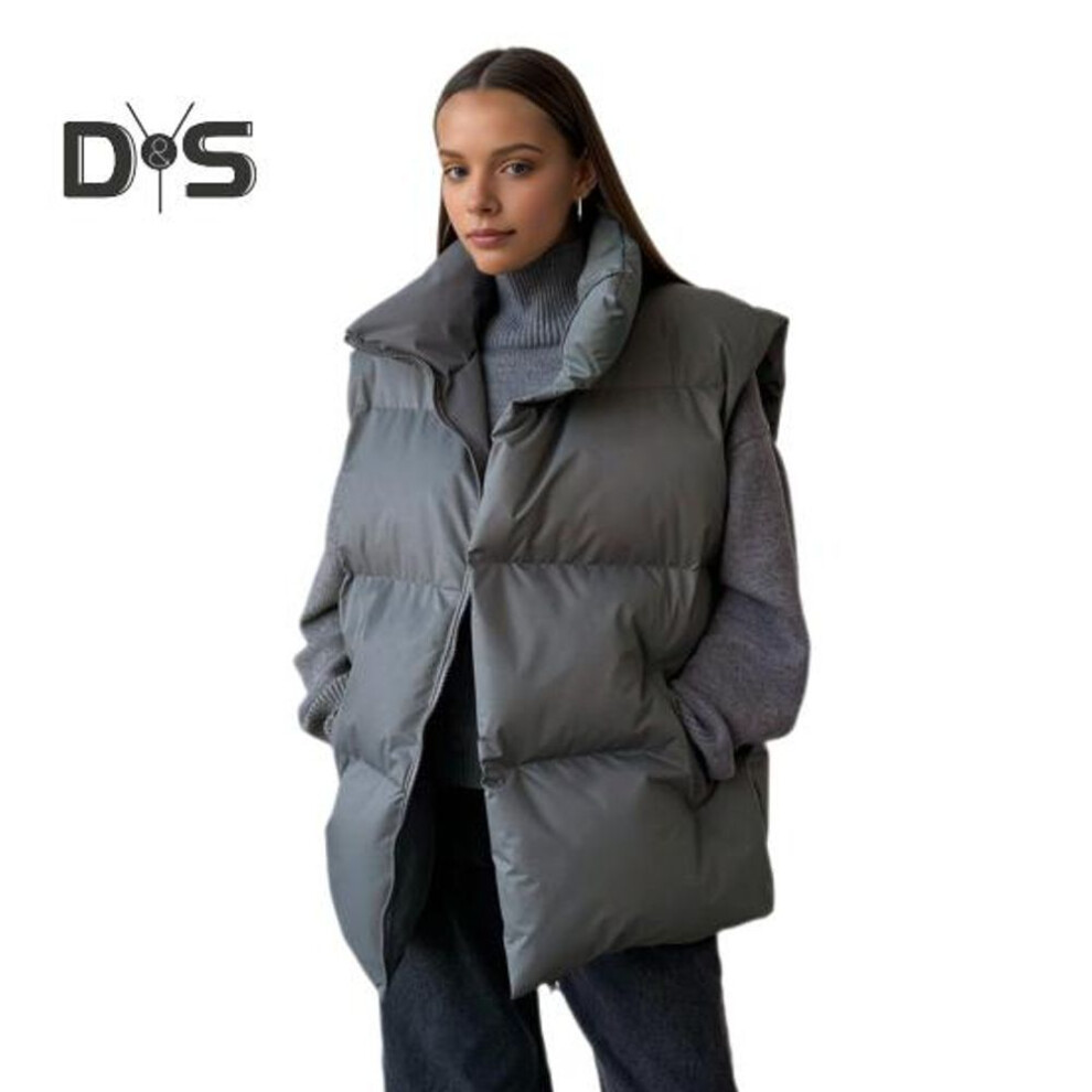 (dark gray, L) Winter Women Vest Coat Thickened Padded Zipper Closure Puffy Stand Collar Sleeveless Solid Color Winproof Heat Retention Outdoor Down Waistcoat