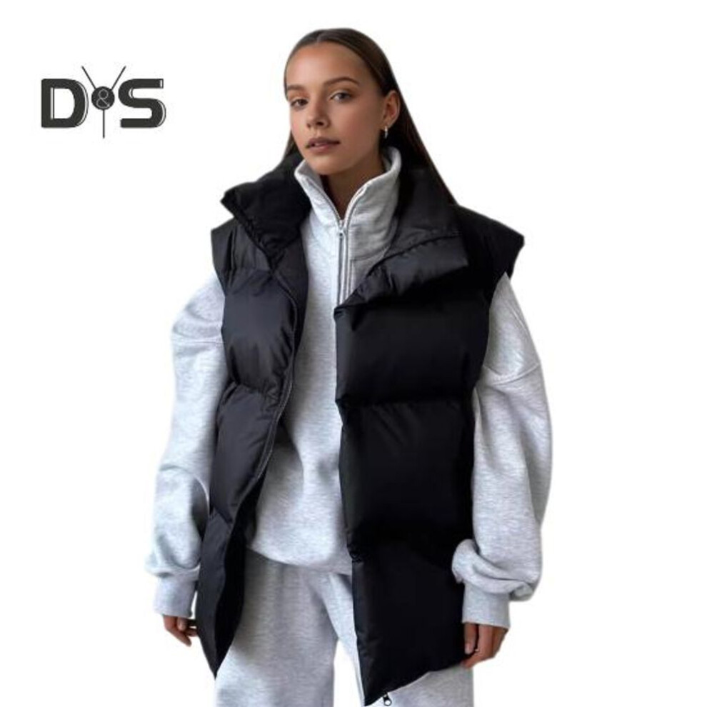 (black, L) Winter Women Vest Coat Thickened Padded Zipper Closure Puffy Stand Collar Sleeveless Solid Color Winproof Heat Retention Outdoor Down Waistcoat