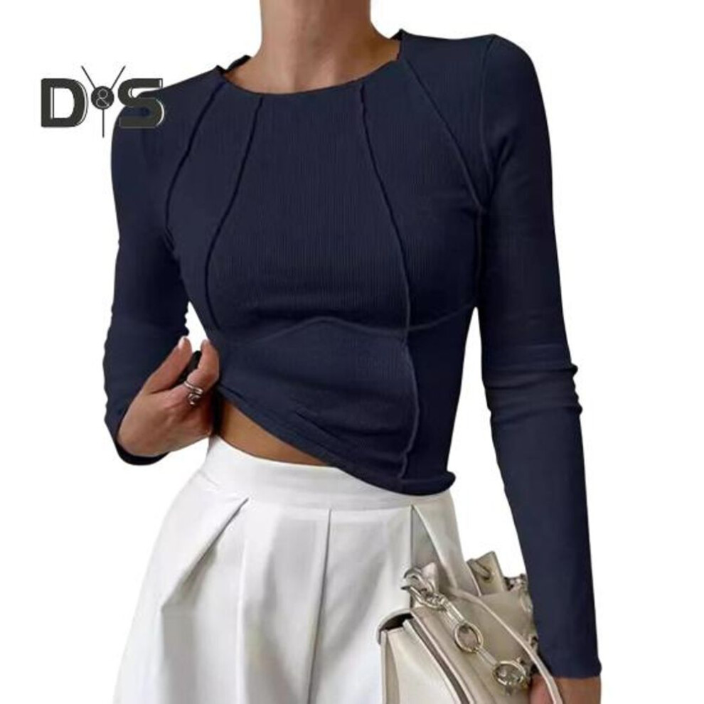(S, navy blue) Women T-shirt Round Neck Long Sleeve Slim Fit Tee Shirt Solid Color Lines Decoration Stretchy Pullover Tops Daily Wear