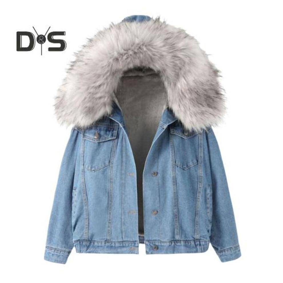 (grey, XXL) Winter Women Jacket Furry Hood Thickened Plush Long Sleeves Pockets Button Closure Flap Pockets Coat Short Type Windproof Warm Coat