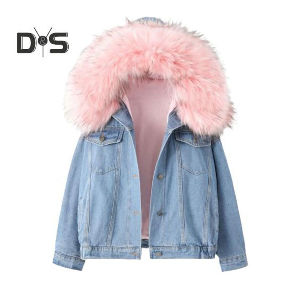 (pink, M) Winter Women Jacket Furry Hood Thickened Plush Long Sleeves Pockets Button Closure Flap Pockets Coat Short Type Windproof Warm Coat