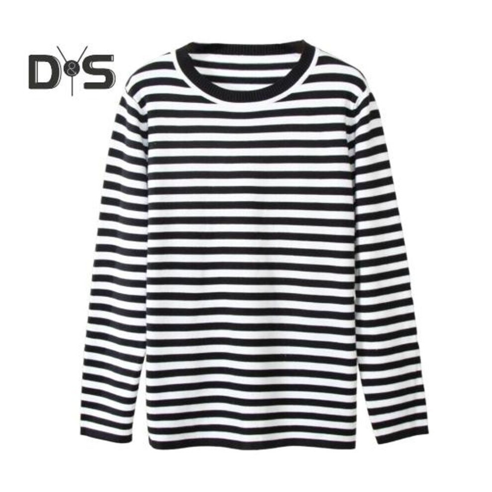 (S, black) Women Tops Round Neck Long Sleeve Striped Print Sweater Loose Fit Stretchy Retro Knitting Tops Daily Wear