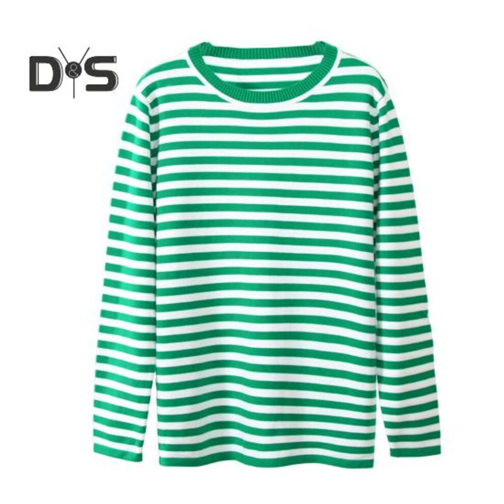 (S, green) Women Tops Round Neck Long Sleeve Striped Print Sweater Loose Fit Stretchy Retro Knitting Tops Daily Wear