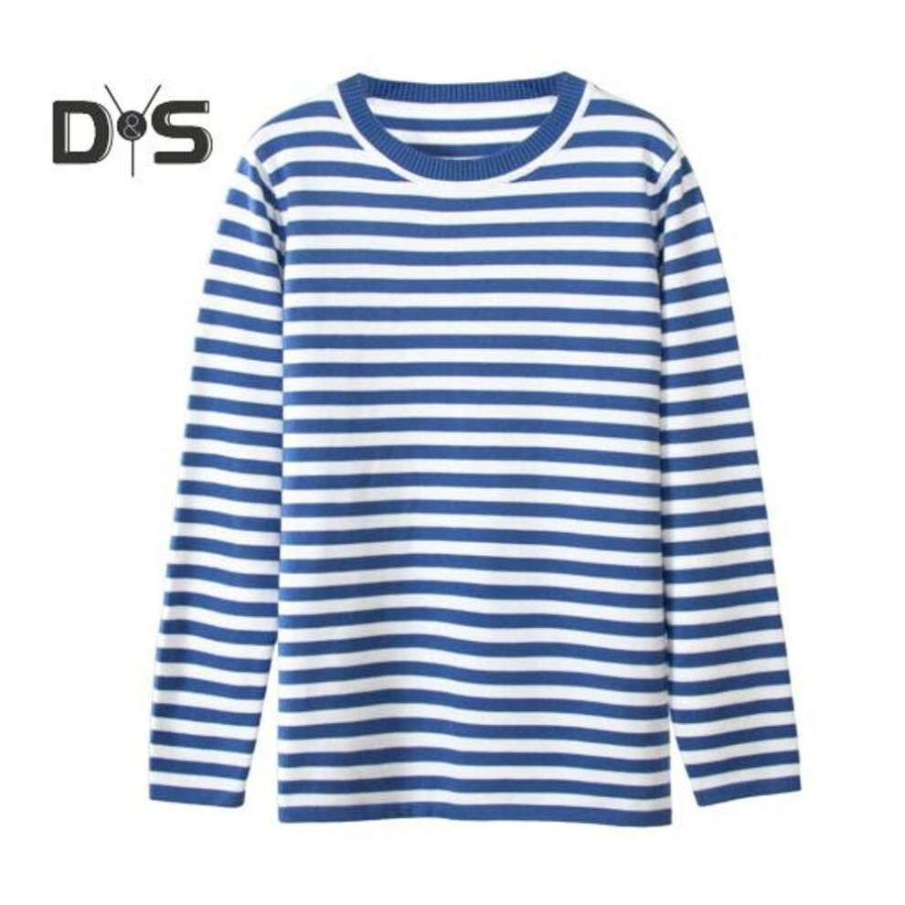 (L, blue) Women Tops Round Neck Long Sleeve Striped Print Sweater Loose Fit Stretchy Retro Knitting Tops Daily Wear
