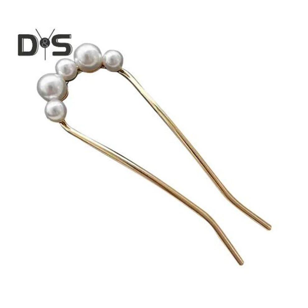 (golden) French Hair Fork Elegant Faux Pearl Anti-slip Long Thick Hair Updo Bun Metal U-shaped Hair Pin Stick Women Girls Hair Accessories