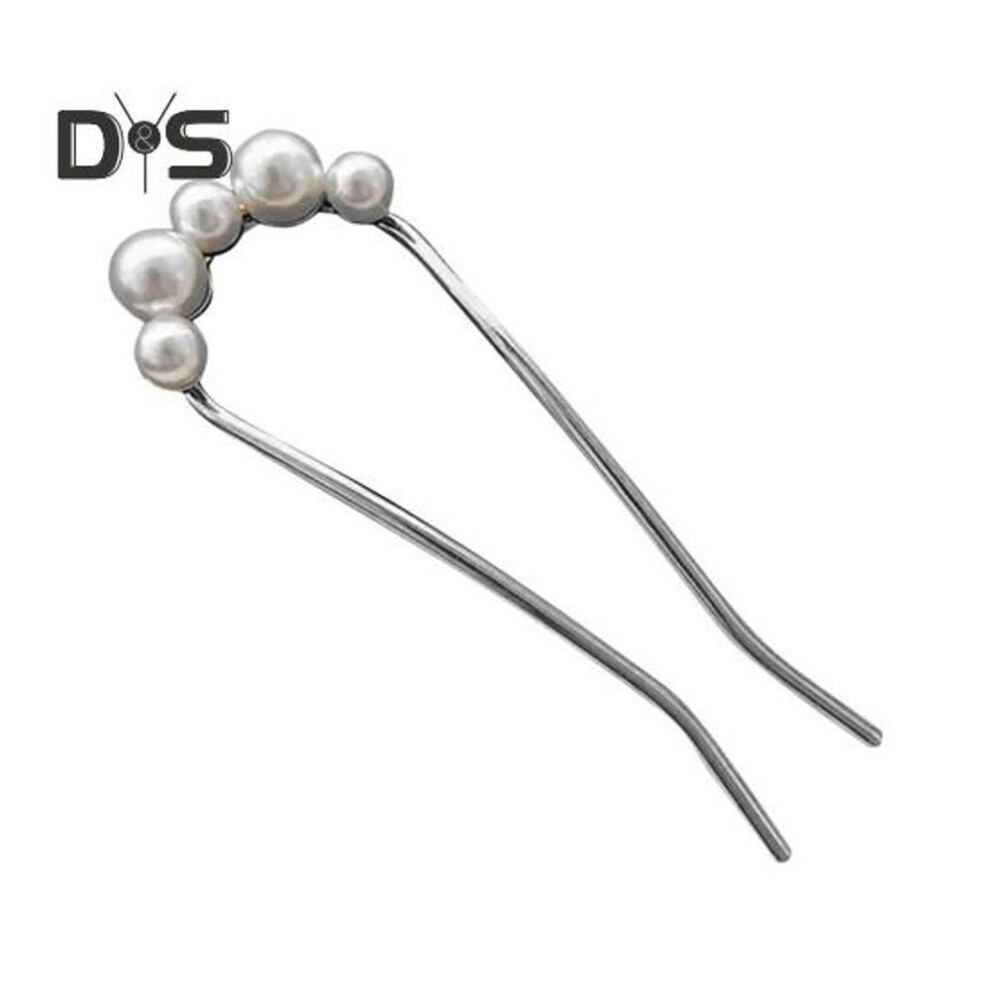 (silver) French Hair Fork Elegant Faux Pearl Anti-slip Long Thick Hair Updo Bun Metal U-shaped Hair Pin Stick Women Girls Hair Accessories