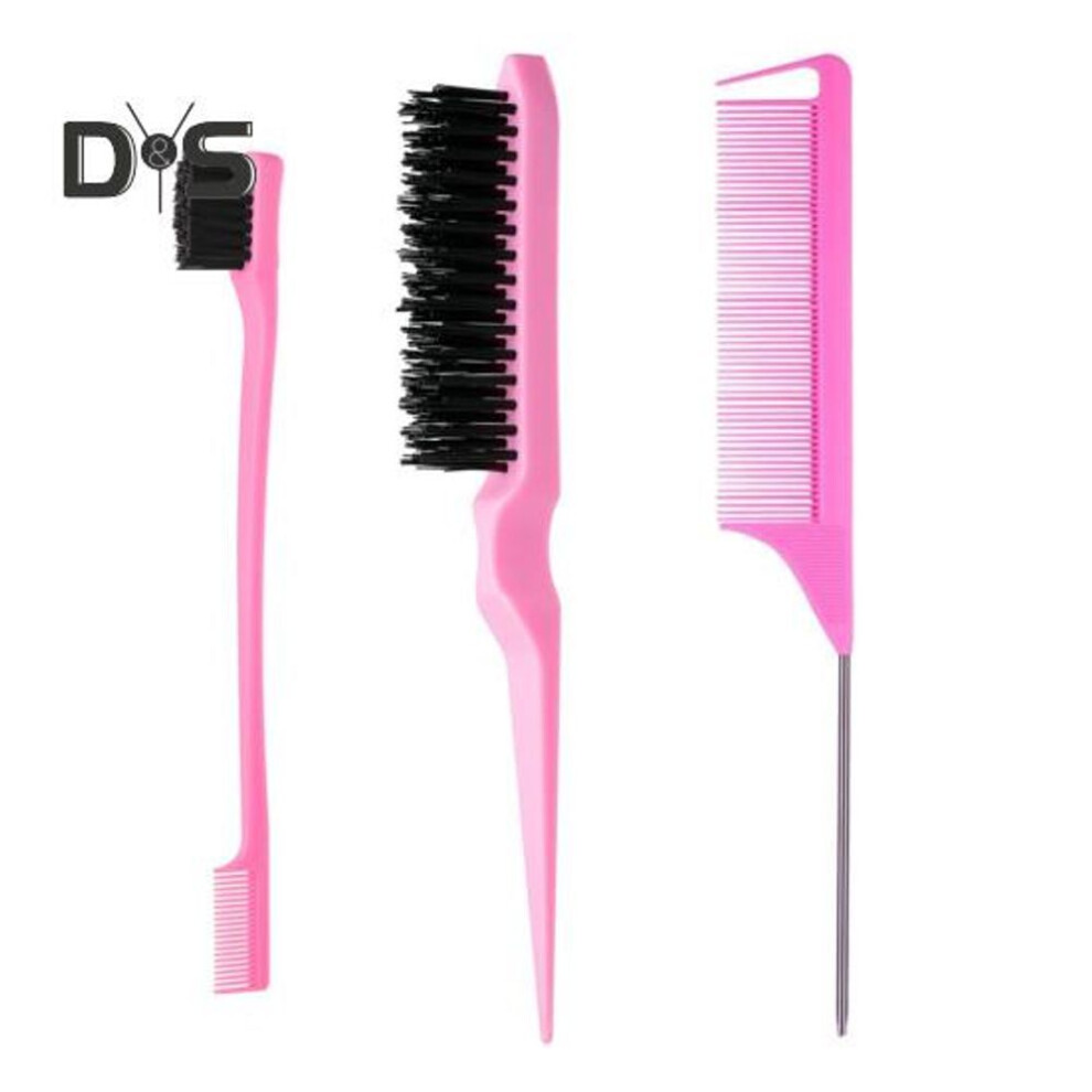 (pink) 3Pcs/Set Hair Styling Comb Kit with Double-side Edge Control Teasing Bristle Brush Rat Tail Women Comb Back Brushing Combing Braiding Slicking