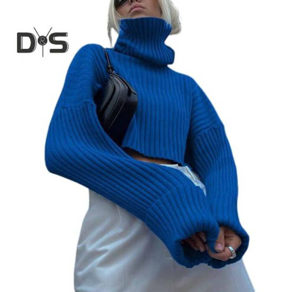 (XL, blue) Women Sweater High Collar Flared Long Sleeve Short Knitting Tops Solid Color Loose Fit Ribbed Casual Knitwear