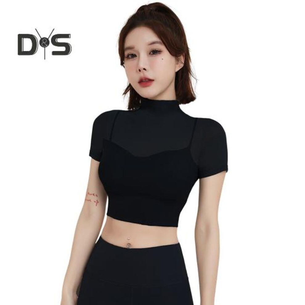 (XXL, black) Lady Summer Yoga Top Thin Quick-drying Good Breathability Short Sleeves Waist-exposed Cropped Top Jogging Pilates Gym Exercise Top