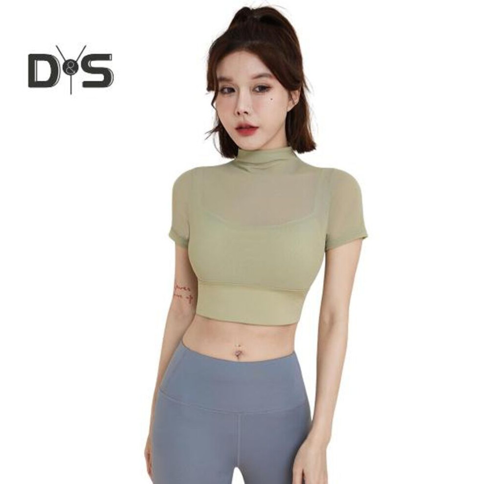(S, green) Lady Summer Yoga Top Thin Quick-drying Good Breathability Short Sleeves Waist-exposed Cropped Top Jogging Pilates Gym Exercise Top