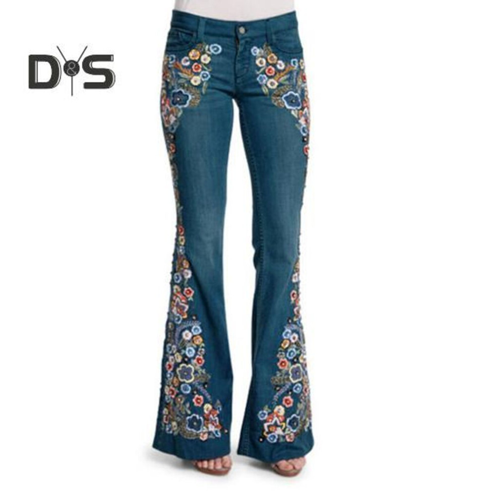 (dark blue, L) Women Jeans Floral Embroidery Flared Leg Button Zipper Closure With Pockets Mid Waist Plus Size Long Trousers For Dating Daily Wear Commuting