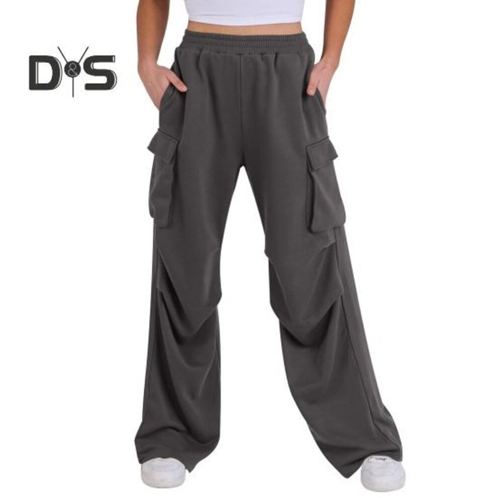 (dark gray, XL) Women Cargo Pants Elastic Waist Mid-rise Straight Wide Leg Sweatpants with Multi Pockets Solid Color Casual Jogging Pants Loose Lounge Pants