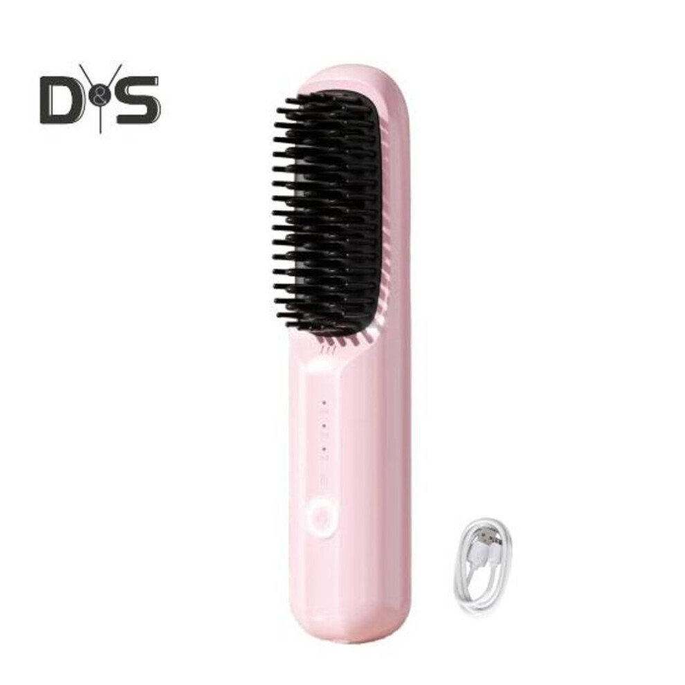 (pink) Cordless Hair Straightener Brush 3 Temp Adjustable Fast Heating Usb Rechargeable Portable Negative Ion Hot Brush Electric Curly Hair Styling