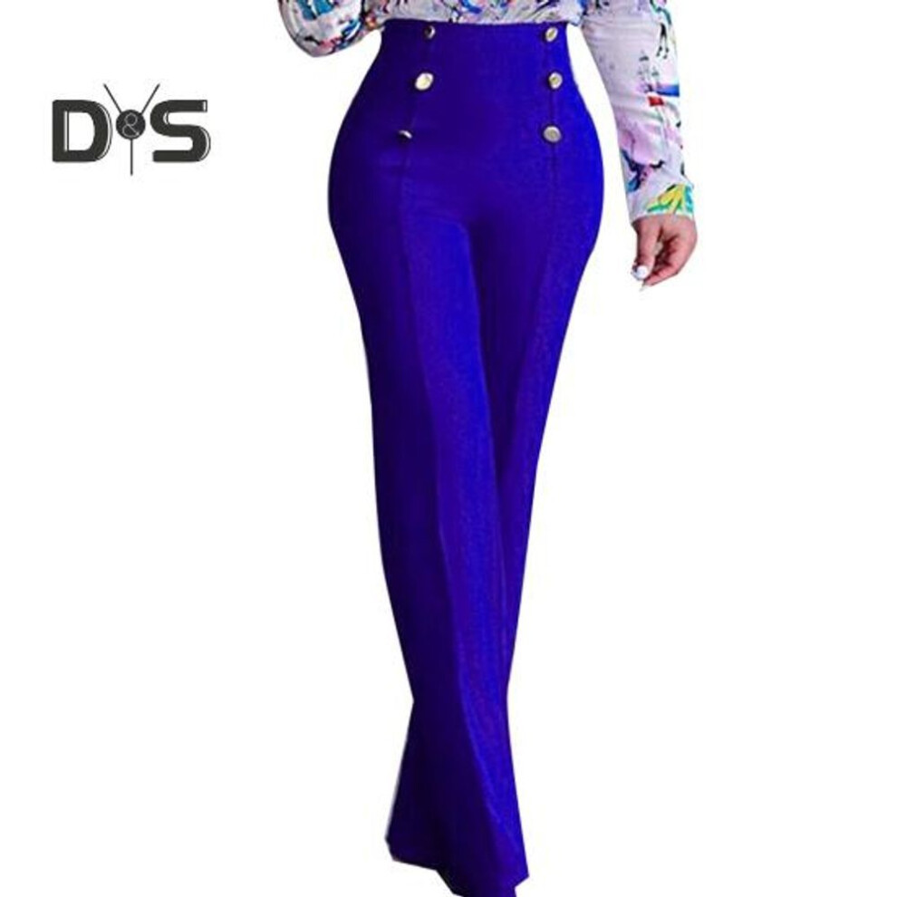 (blue, L) Women's Stretchy Bootcut Dress Pants Casual High Waist Straight Leg Business Slacks Button Front Workwear Yoga Trousers For Office Work