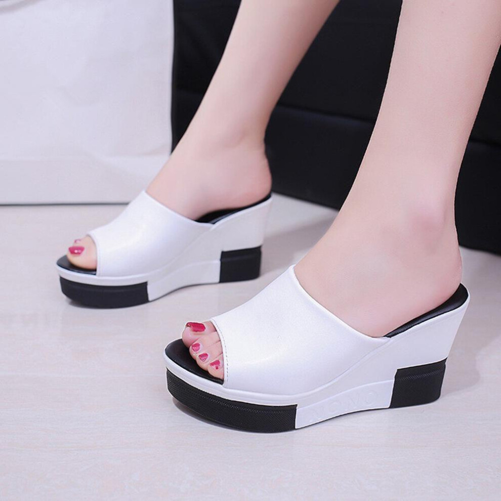 (White,35)Chaussons été femme couleur unie compensés cuir plateforme talon haut peep bout