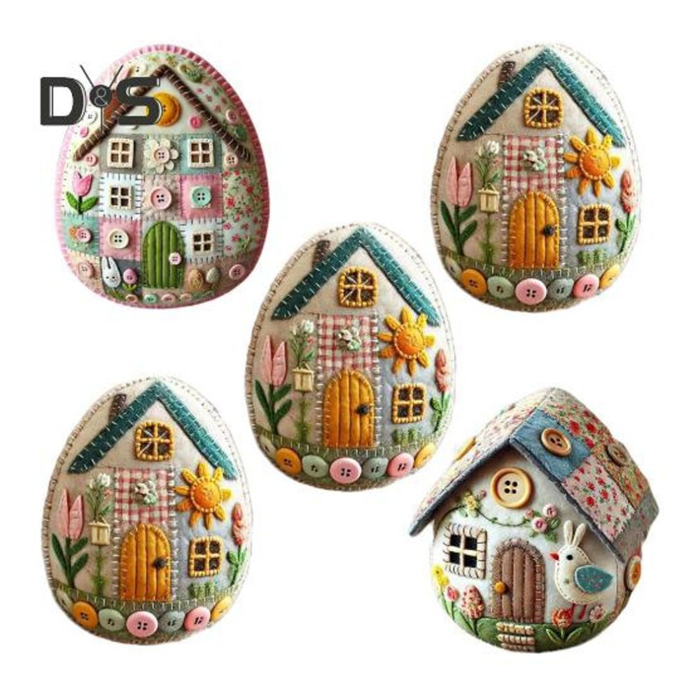 (as the picture, F) Patchwork Egg House Kit DIY Patchwork Felt Egg House Craft Kit Easter Decor Embroidered Felt Easter Egg Kit for Easter Basket Fillers