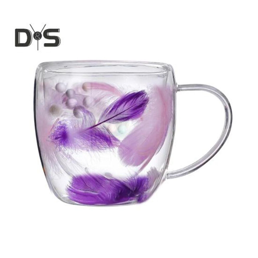 (as the picture, 250ml) Double Wall Glass Coffee Mug 250/350ml Feather Design Cup With Handle Insulated Anti-scalding Comfortable Grip Temperature Control Tumbler For Tea