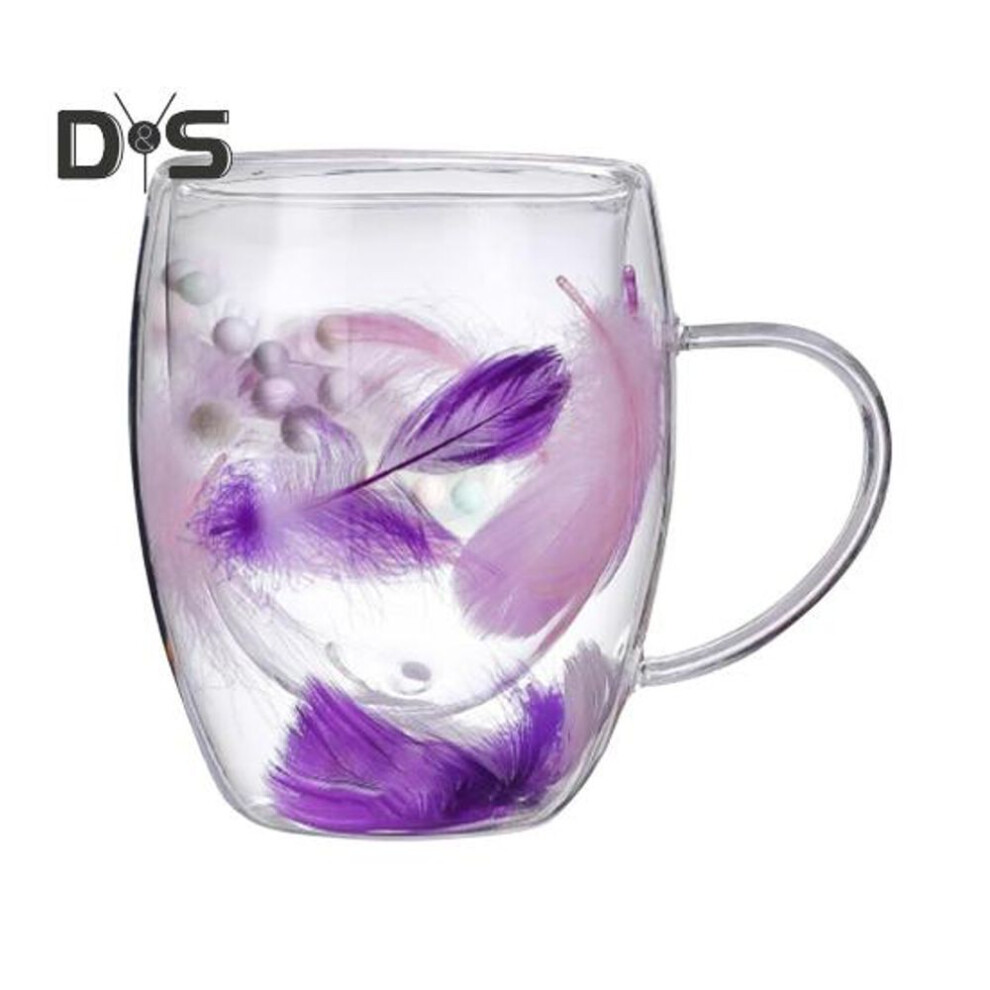 (as the picture, 350ml) Double Wall Glass Coffee Mug 250/350ml Feather Design Cup With Handle Insulated Anti-scalding Comfortable Grip Temperature Control Tumbler For Tea