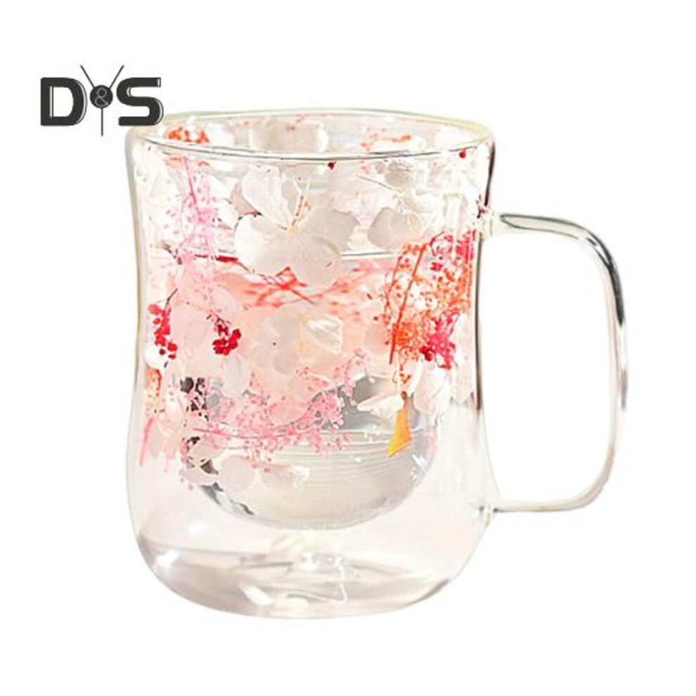 (as the picture, S E) 220/300ML Double Walled Glass Cups with Insulated Handle Clear Glass Coffee Mugs Heat Resistant Floral Design Drinking Mug for Tea